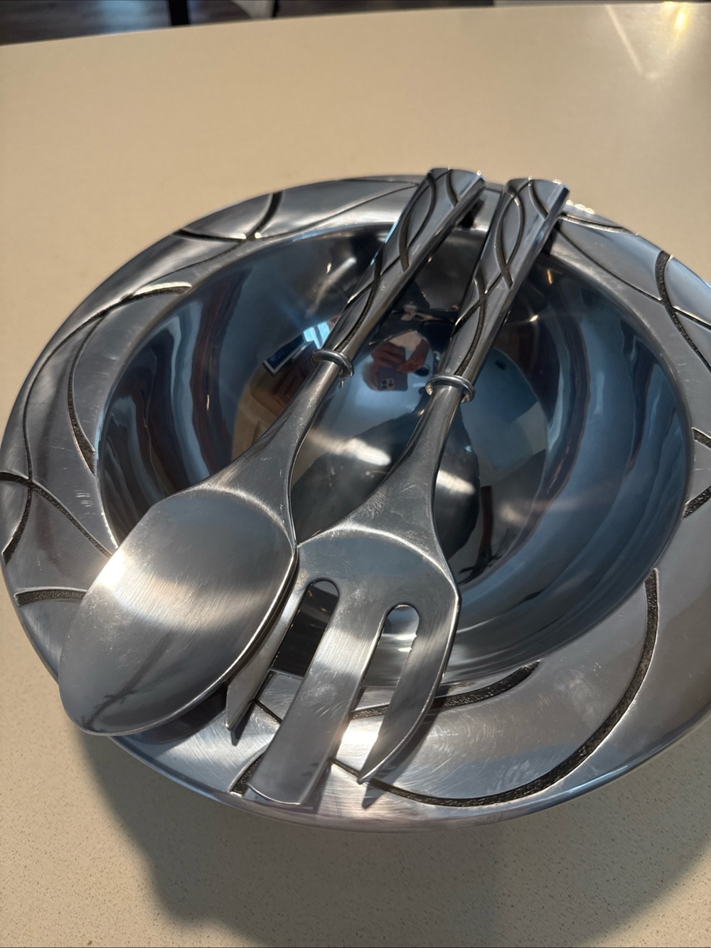 Lenox Stainless Steel Salad Bowl with Serving Spoon and Fork - Silver